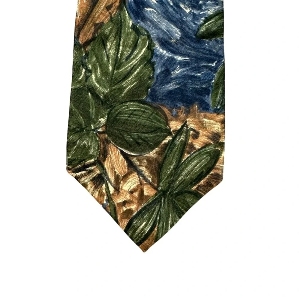 Lord Ascot Mens Silk Tie Tropical Botanical Leaf Print Blue Green Made in USA